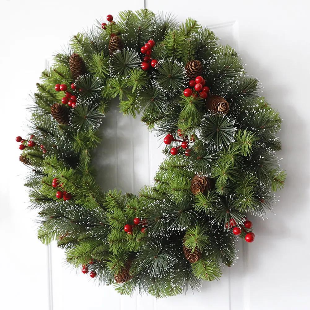 Red Christmas Wreath PVC Artificial Greenery Christmas Garland Window Door Wall Hanging Ornament Decorations Holiday Decor Gifts