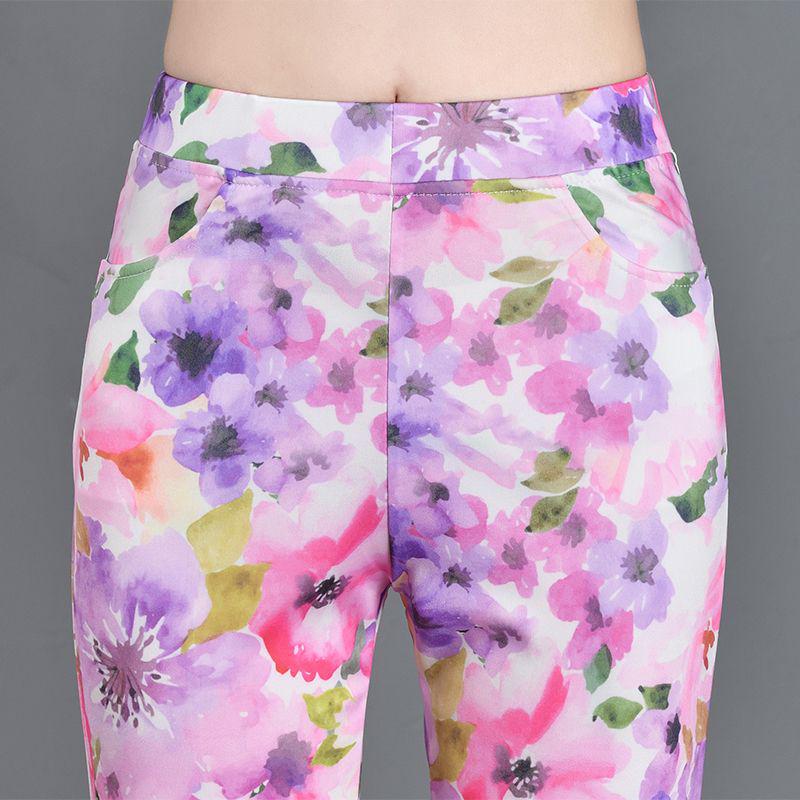 

2024 Summer Floral Print Stretchy Plaid Skinny Pants for Women with Elastic Waist 2XL under 65kg