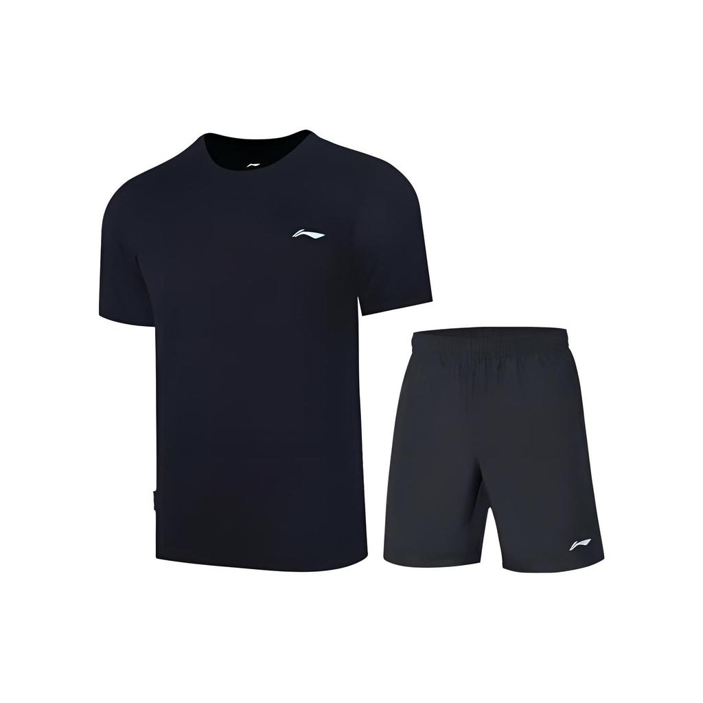 Li Ning Badminton Series Solid Color Short Sleeve T-Shirt Breathable Five-Point Shorts Casual Sports Suit Men Sportswear Black ATST655-1+AAPT551-1