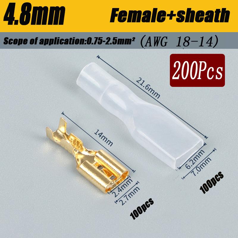 200Pcs Copper Female and Male Crimp Terminal Connectors Aautomotive Speaker Cable Flag Connector 2.8/ 4.8/ 6.3mm With Sheathing