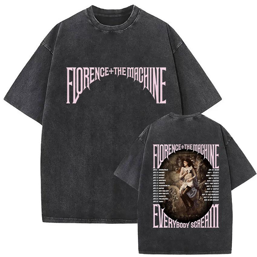 Florence and The Machine Tour  Vintage Washed T Shirt Men Women Harajuku Aesthetic Oversized Cotton Tshirts Yk Streetwear