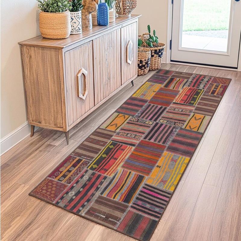 Vintage Patchwork Läufer Teppich Boho Ethnisch Geometrisches Muster Matte Bunter Gestreifter Teppich für Wohnzimmer Schlafzimmer Eingangsbereich Dekor
