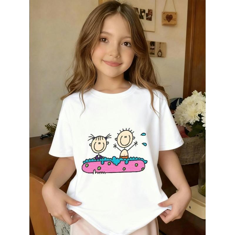 

European Size Girls Round-neck Short-sleeved T-shirt with Cartoon Boy and Girl Pattern Print 164cm білий