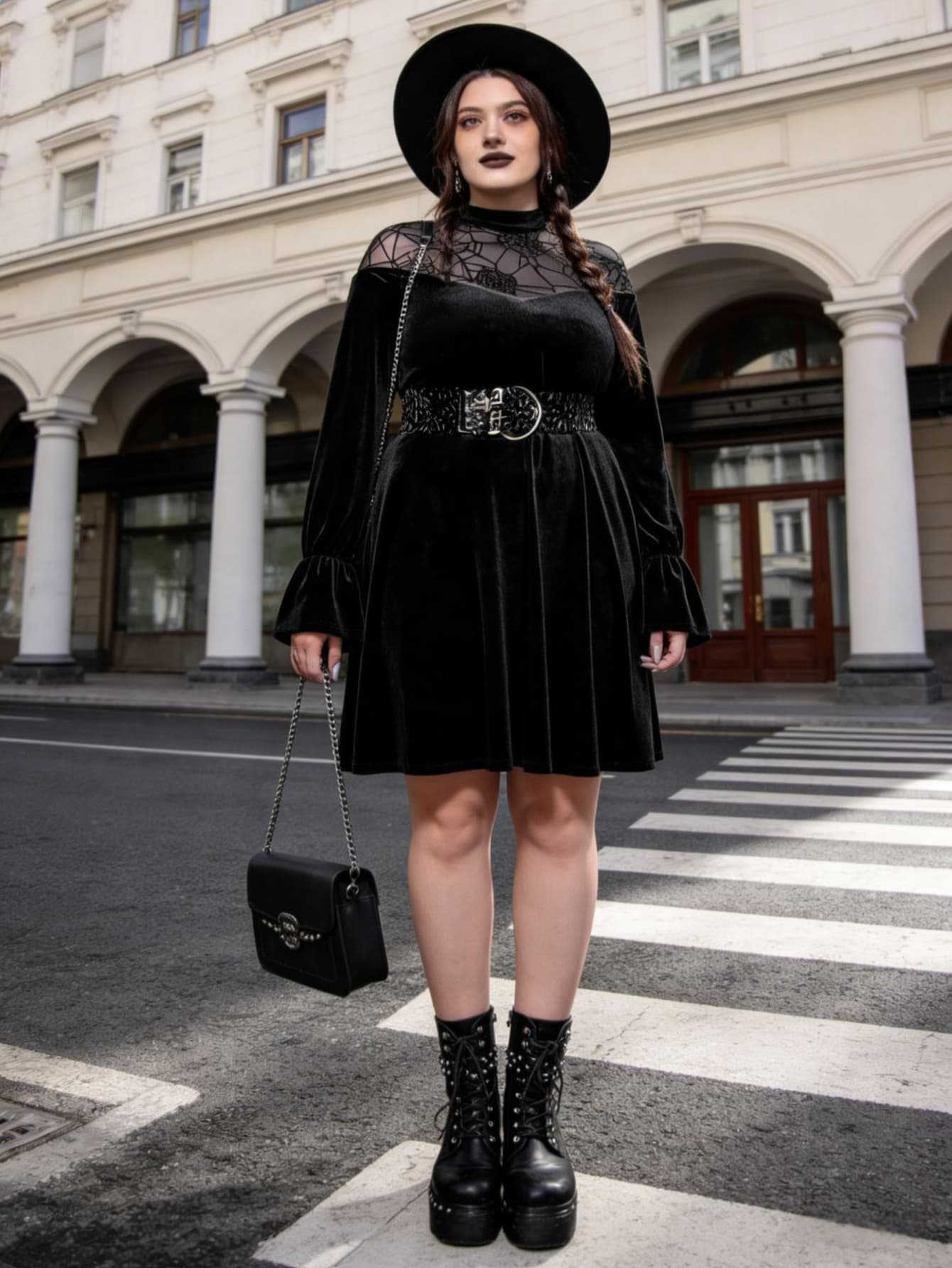 

Black velvet dress for women, mesh stitching turtleneck, horn sleeves, waist A-shaped skirt 1XL чёрный
