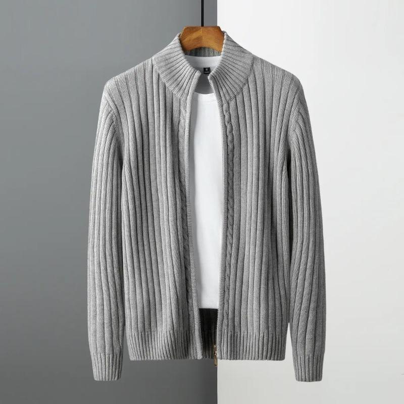 Mens Zip Up Knit Cardigan Loose Fit Business Outerwear