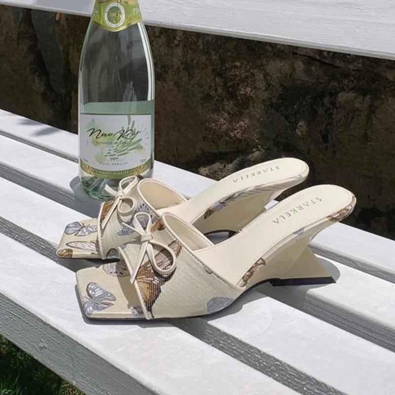 Schleife Damen Hausschuhe Designer High Heels Schuhe Sexy Sandalen mit Absatz 2025 Neue Marke Sommer Pumps Party Flip Flops Zapatos De Mujer