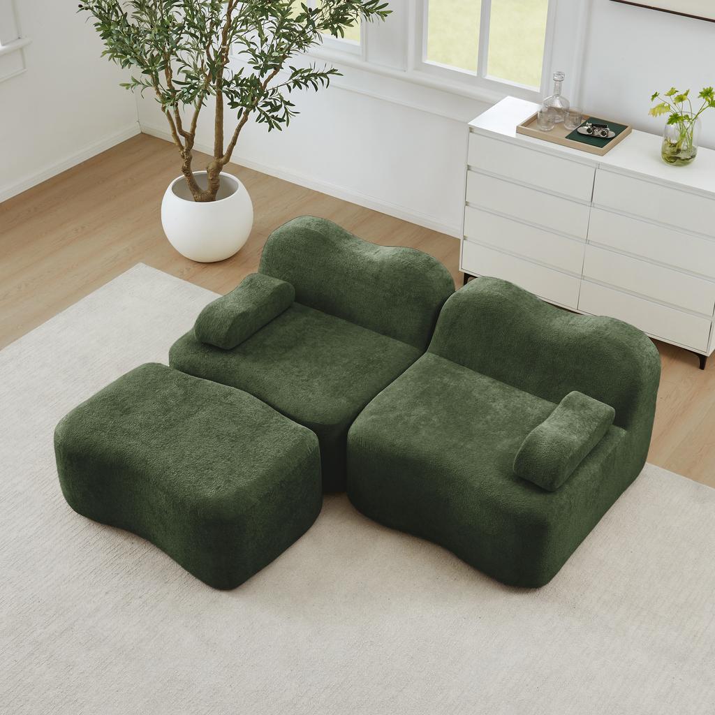 2-Sitzer L-förmiges Modulares Knochenloses Sofa mit 1 Hocker, Wellenform, Bewegliches Armlehnenkissen, für Wohnzimmer & Wohnung, Keine Montage Erforderlich, Grün