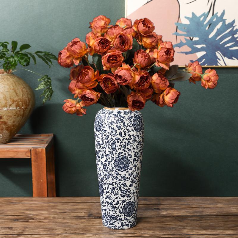 35CM Blue and White Porcelain Vase: Chinese-Style Ceramic Flower Container for Hydroponic Bamboo or Living Room Décor.