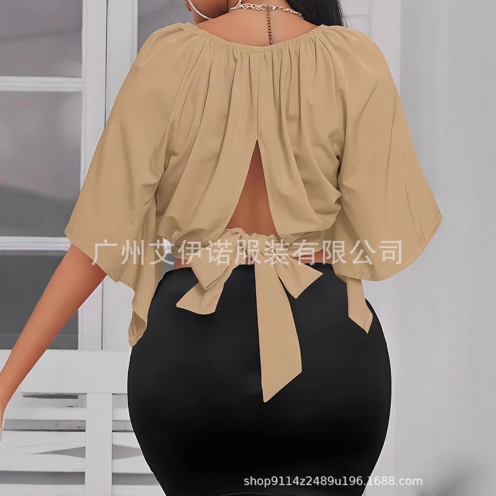 Spot Solid Color Irregular Mid-Sleeve Tie-Up Short Elegant Women's Top