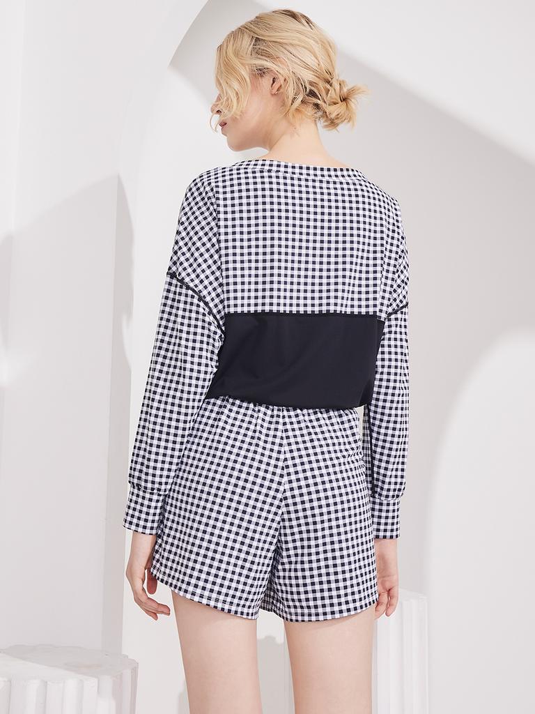 Bohemianbeullu [Set] String Tie Boat Neck Women'S Loose Fit Rash Guard Gb/Gingham Layered Wrap Shorts Set-Up