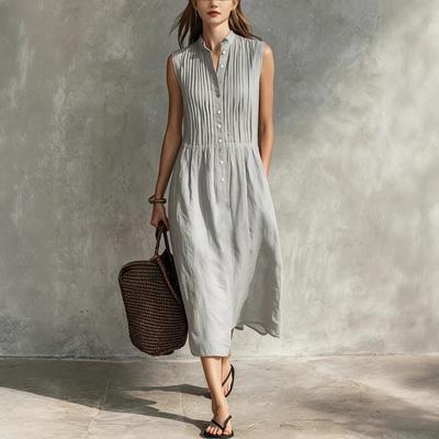 Dames Mouwloze Midi Jurk met Knopen Casual Effen Kleur Zomerjurk met Zakken