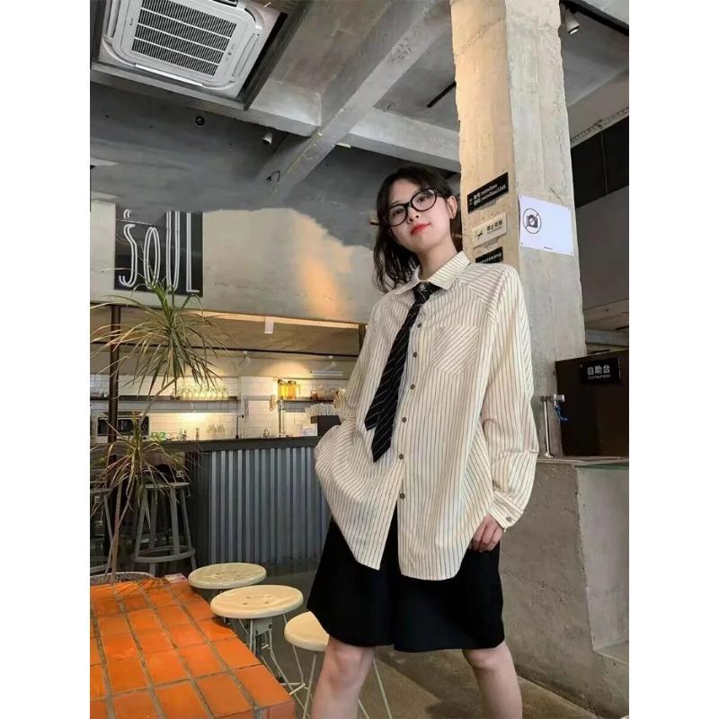 Modisches Streifenhemd, elegante Damenblusen, langärmelig, Geschenk, Krawatte, übergroße Oberteile für Frauen, Sommerbluse, Vintage