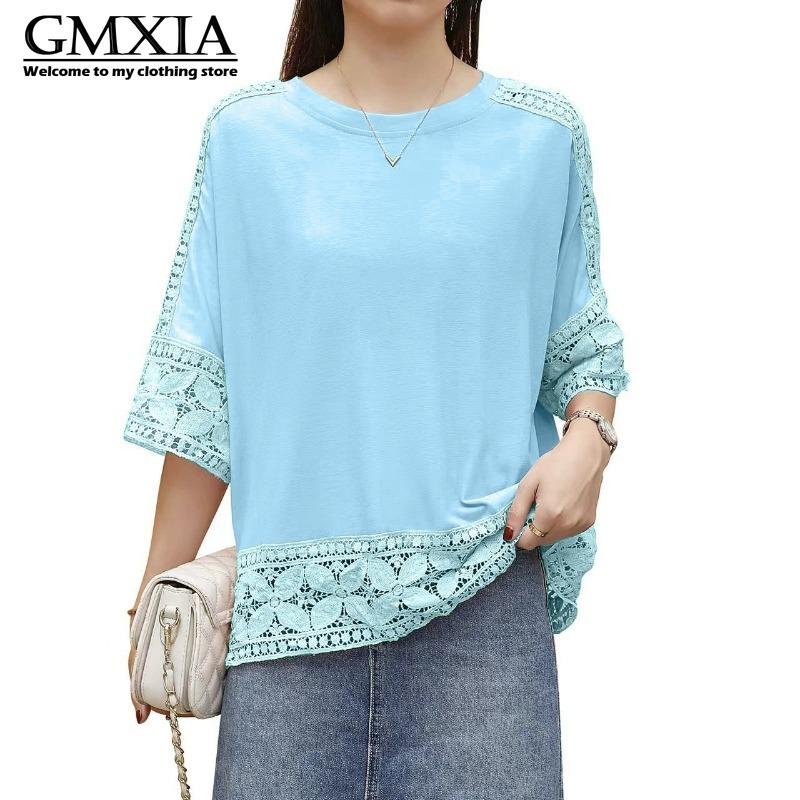 GMXIA Women's Fashion Casual Leisure Solid Color Print Short Sleeve O Neck Blouses & Shirts