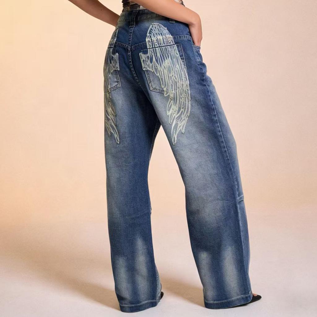 Women's Mid- Stretch Jeans Fashion Straight Leg Denim Pants With Pockets