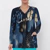 Women Plus Size Dark Blue Printed Nurse Scrub Top V Neck Long Sleeve With Pockets