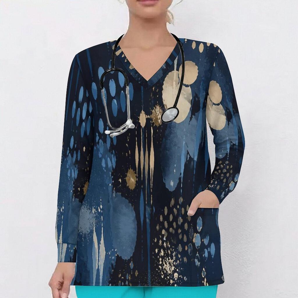Women Plus Size Dark Blue Printed Nurse Scrub Top V Neck Long Sleeve With Pockets