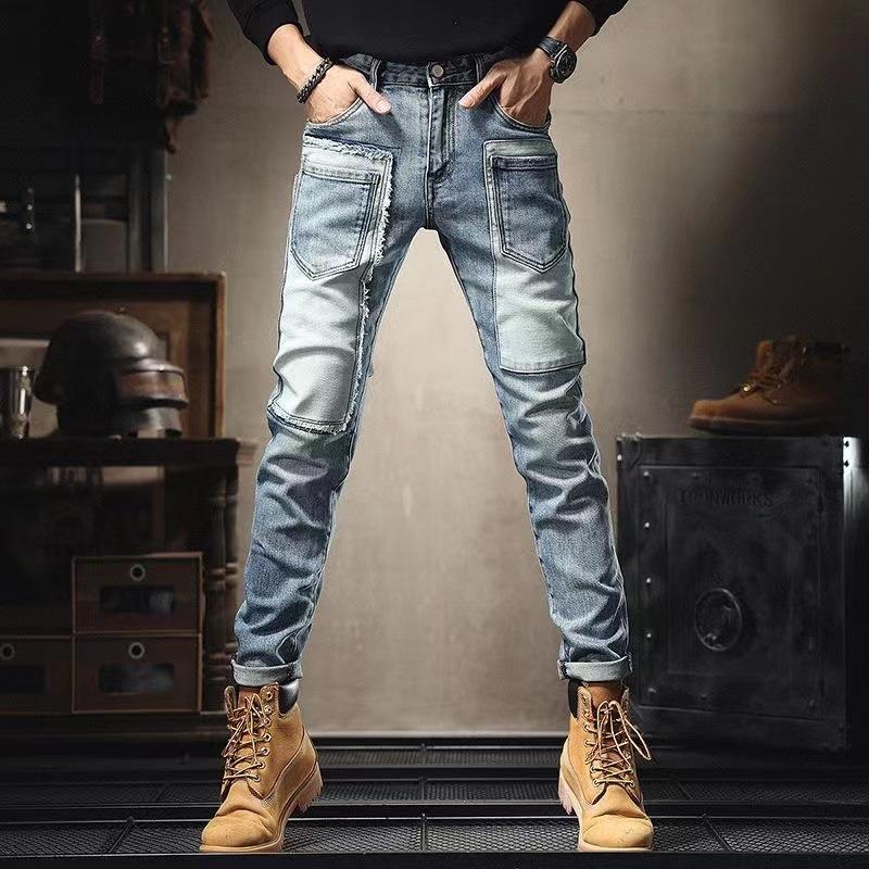 

Красивые джинсы Tide Patch Gangster, мужские трендовые узкие брюки с несколькими карманами, эластичные брюки с нашивкой Collision Patch 27