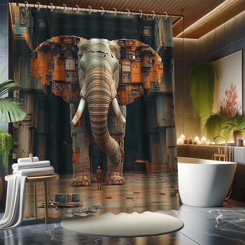 

Rustic Elephant Bath Curtain Set, Abandoned Factory Theme, Water-Resistant Polyester, , All-Season Decor, Modern Home Bathroom W90XH180cm