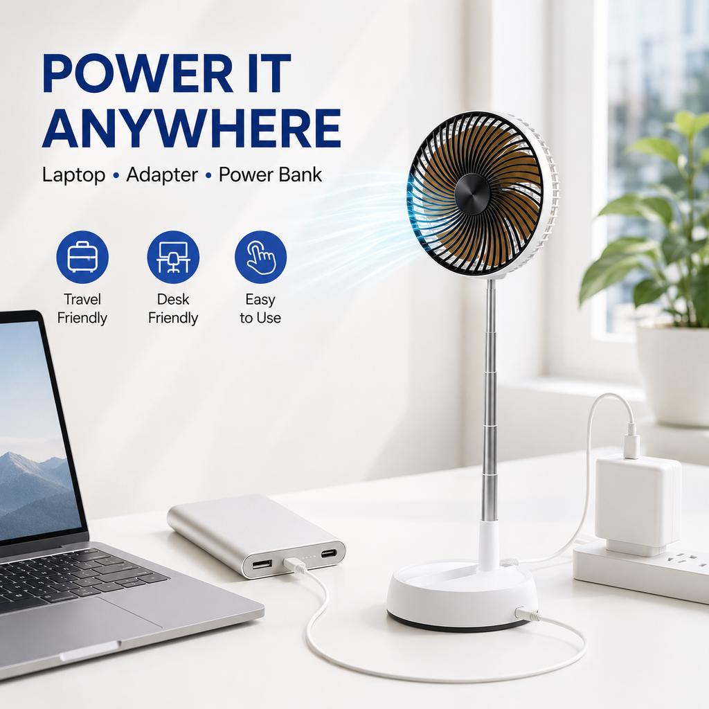 Teleskopischer Faltbarer Leiser Wiederaufladbarer Ventilator mit Fernbedienung, Oszillierendes Design, Schreibtisch- und Boden-Doppelnutzung, Tragbar für den Außenbereich