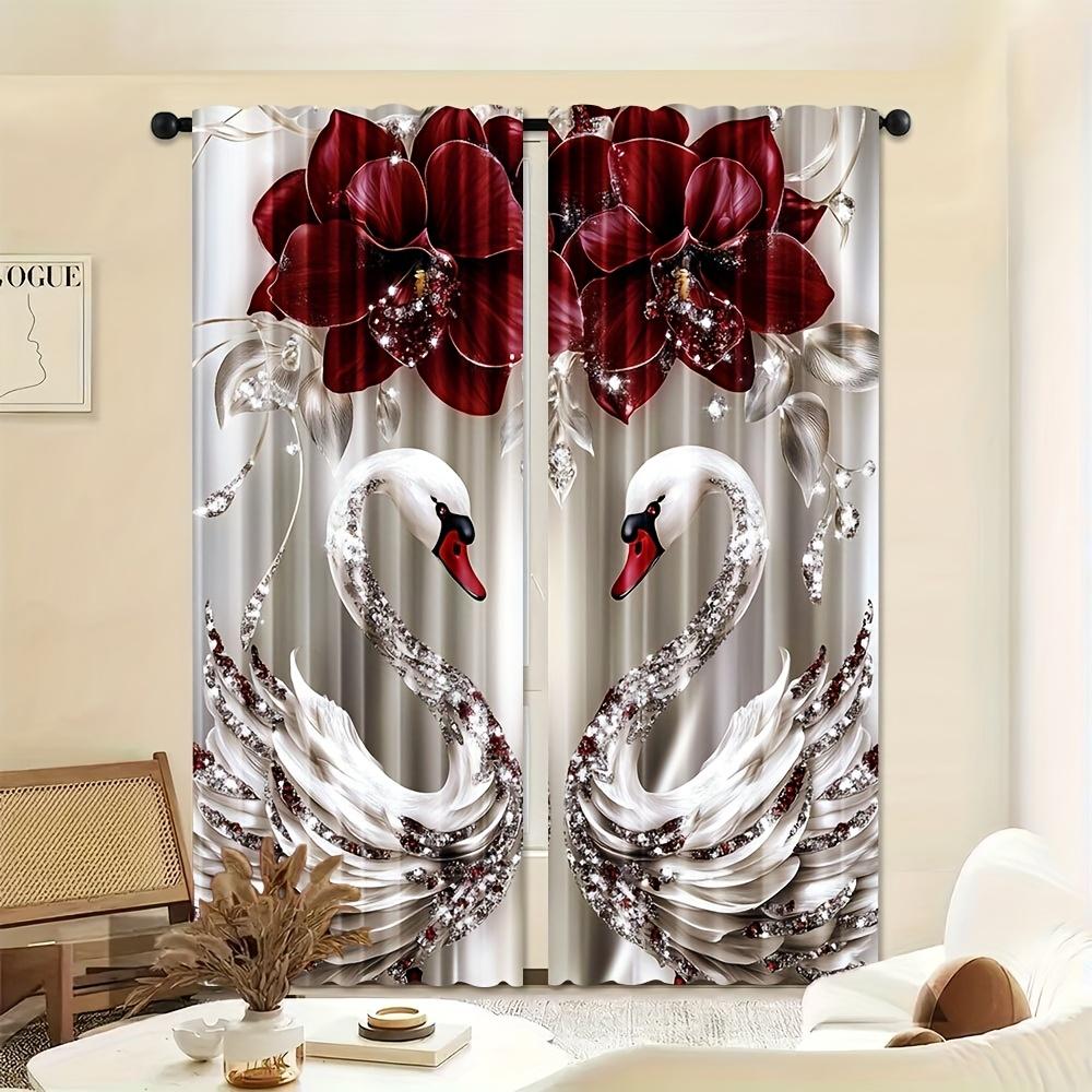 2pcs Floral & Swan Art Sheer Polyester Rod Pocket Curtains – Light Filtering for Living Room   Bedroom & Office