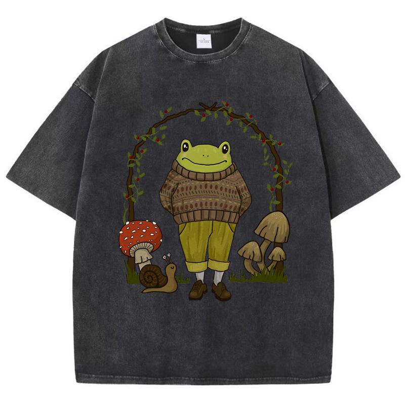Vintage Frog Mushroom Print Woman Washed T-Shirts Breathable Cotton T-Shirt Casual Short Sleeve Summer Oversized