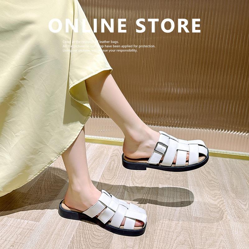 

Кожаная плетеная сумка, крутые тапочки с закрытым носком, ретро полые сандалии на плоской подошве, летняя уличная сумка, полушлепки с закрытым носком 40