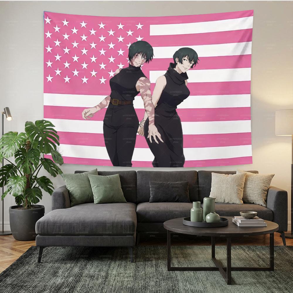 

Jujutsu Kaisen Maki Mai Zenin Pink American Flag Tapestry Anime Wall Hanging for Bedroom Living Room Dorm JJK Fan Home 74x94cm(29x37in)