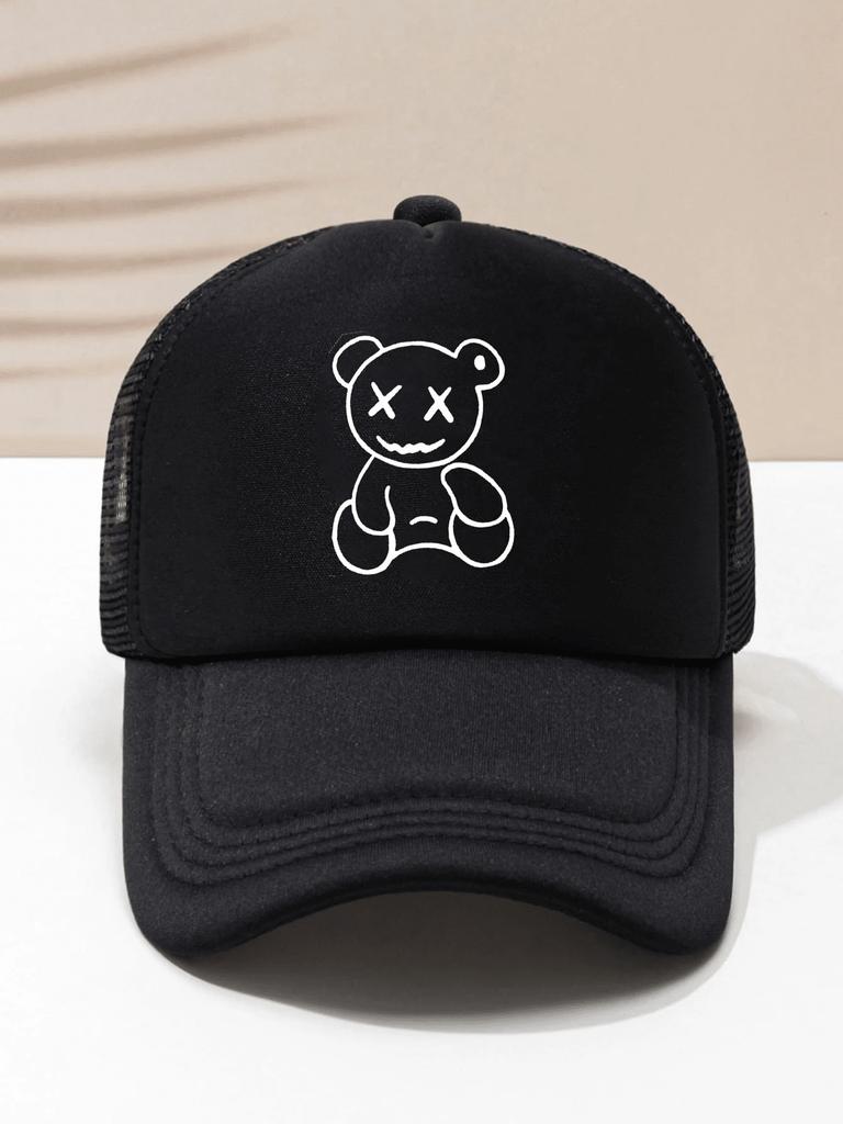 Unisex Black Mesh Trucker Hat With White Line Bear Design Casual Adjustable Baseball Cap