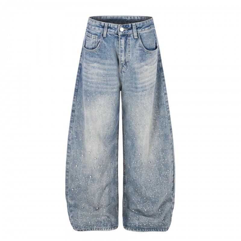 Womens Baggy Wide Leg Jeans Streetwear Distressed Rhinestone Denim Pants Slimming Flared Trousers