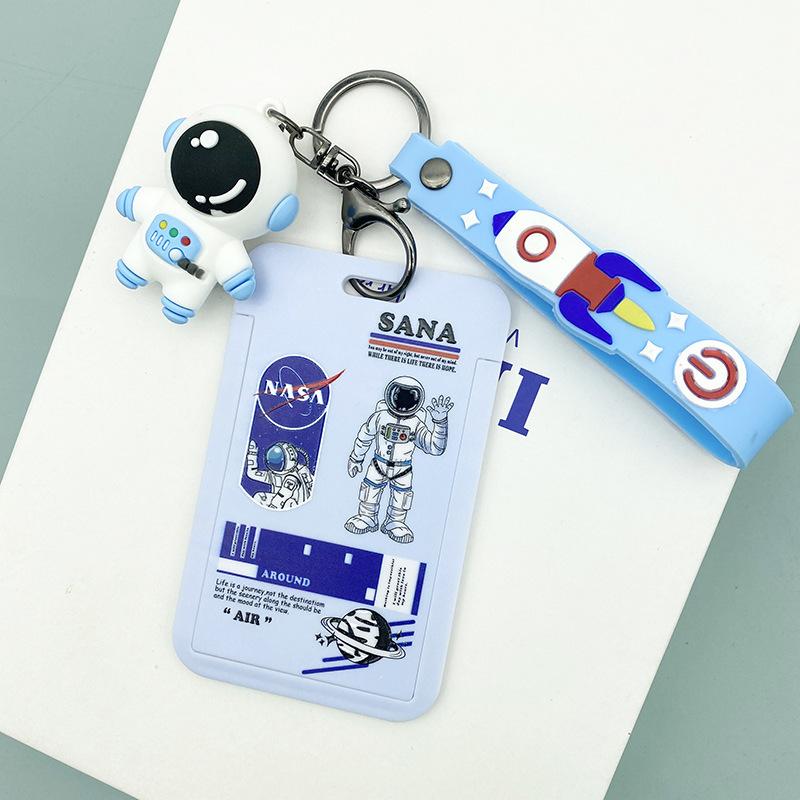 Women Men Work Card Cover White Astronaut Pattern Business Name Card Badge Holder Bus Access Guard Credit Card Case with Lanyard