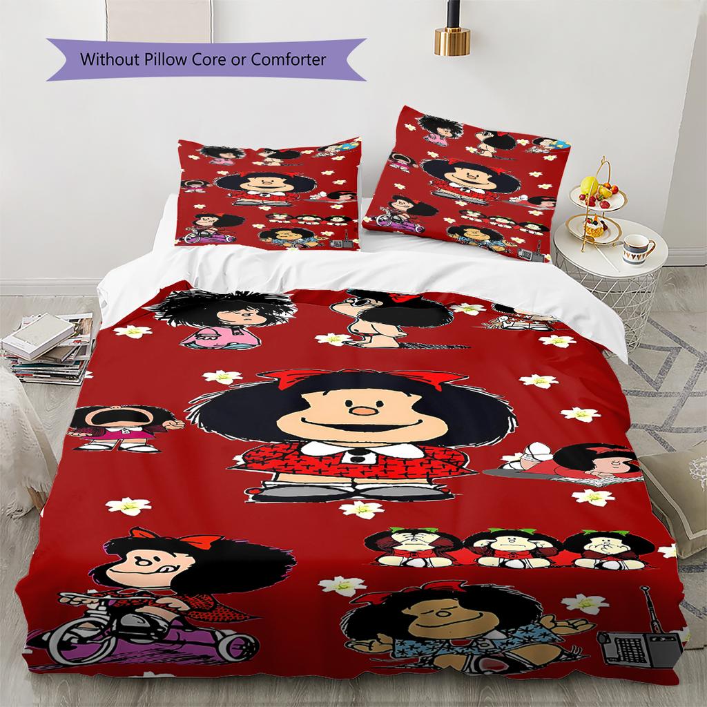 Pościel z wzorem Mafaldy, Zestaw kołdry Poszewka na kołdrę Poszewka na poduszkę Domowy prezent urodzinowy (1 * poszwa na kołdrę + 2 * poszewki na poduszki, bez rdzenia)