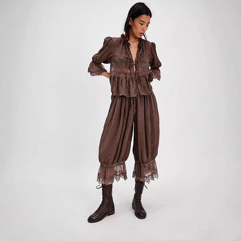 

Женские Y2K Брюки-шаровары свободного кроя, укороченные, на кулиске, с высокой талией, с цветочным кружевным пэчворком, длиной до икры, брюки-фонарики L кофейный