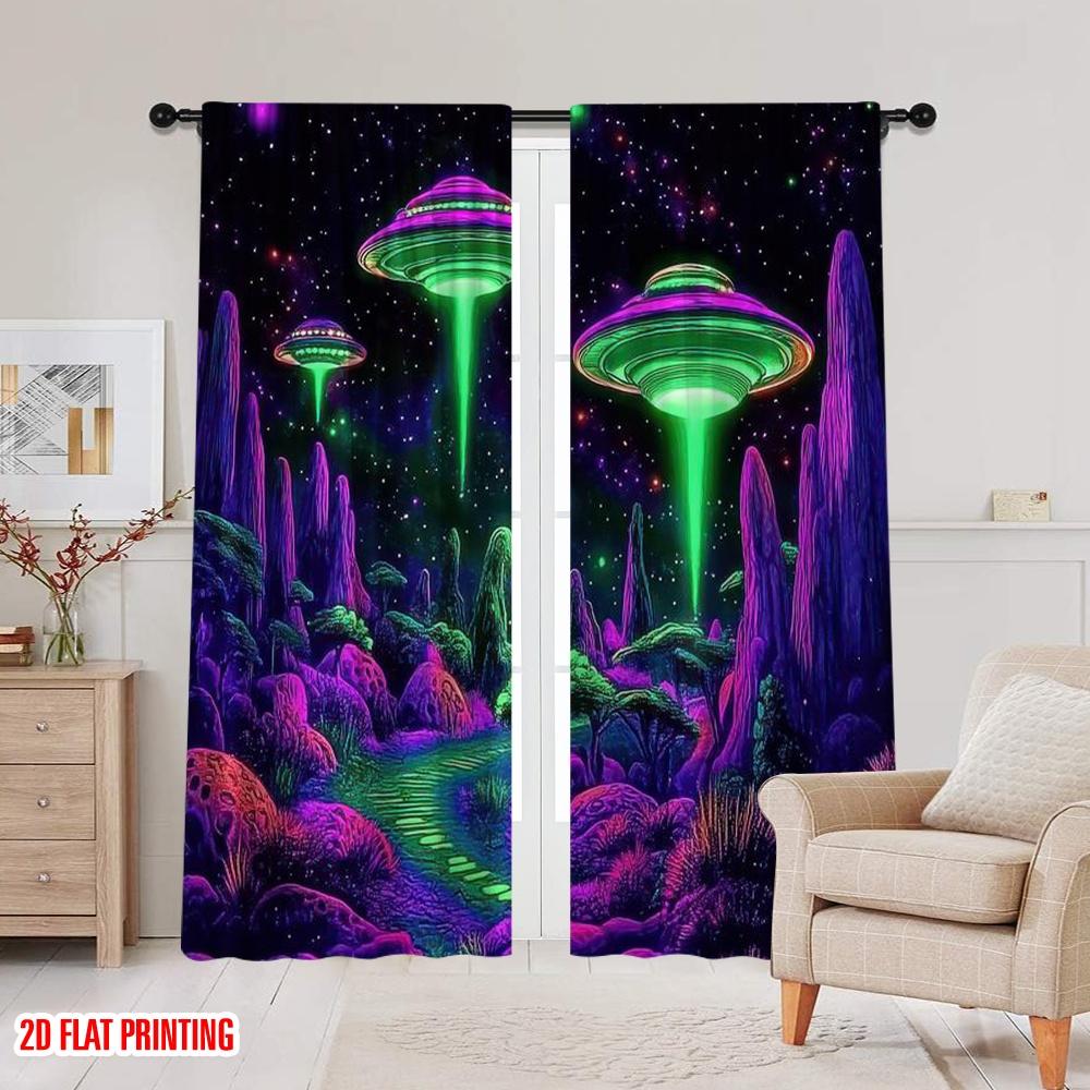 2D flat printing 2pcs Curtain Glow in the Dark Space Galaxy Alien Wall Protecting Privacy Party Decorations Use for Holiday Home
