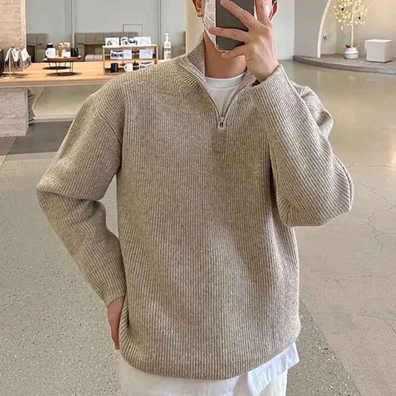 Korean Stand Collar Knitted Pullovers Autumn Winter Fashionable Zipper Men's Solid Color Casual Basic Loose Sweaters