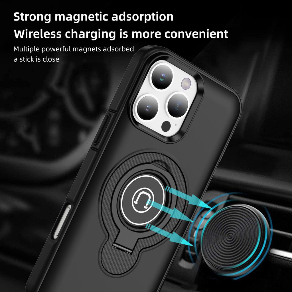 For iPhone 16 Pro Max Case TPU+PC Magnetic Car Mount Phone Cover with Ring Kickstand