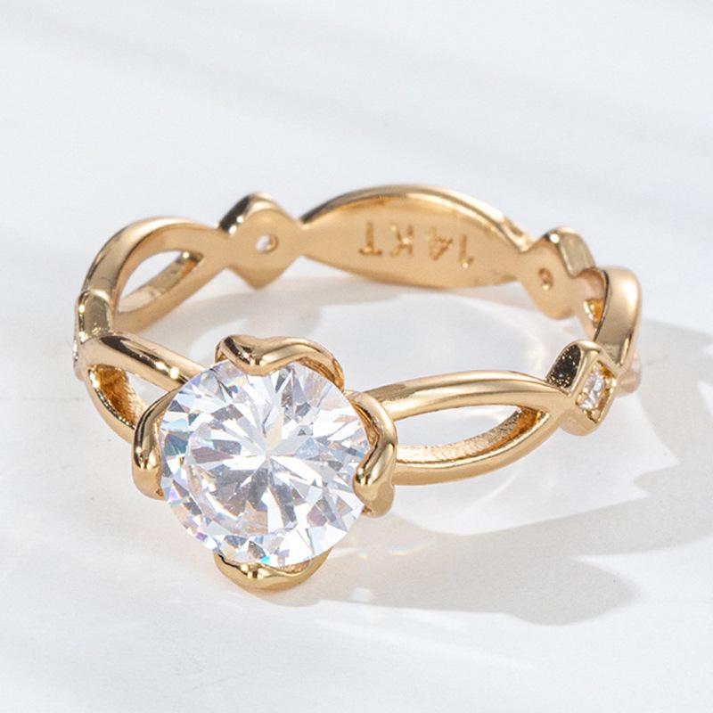 Korea Neue Mode Großhandel Einfach Exquisit Echt 14K Gold Plated Blume Zirkon Ring Elegant Damen Hochzeitsgeschenk