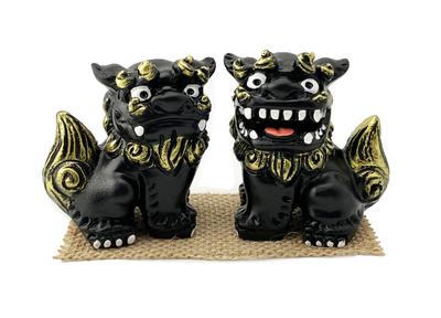 Okinawa Souvenir, Rakuten, Mini Shisa Figurines, Pair, Shisa and Lion Figurines, Interior Decoration, Good Luck, Feng Shui, Black, with Stickers