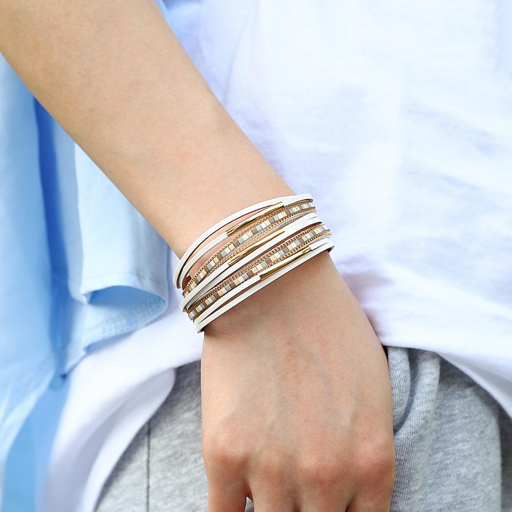 Square Leather Bracelet for Women Boho Tube Multilayer Wrap Wide Bangle Party Jewelry Accessory