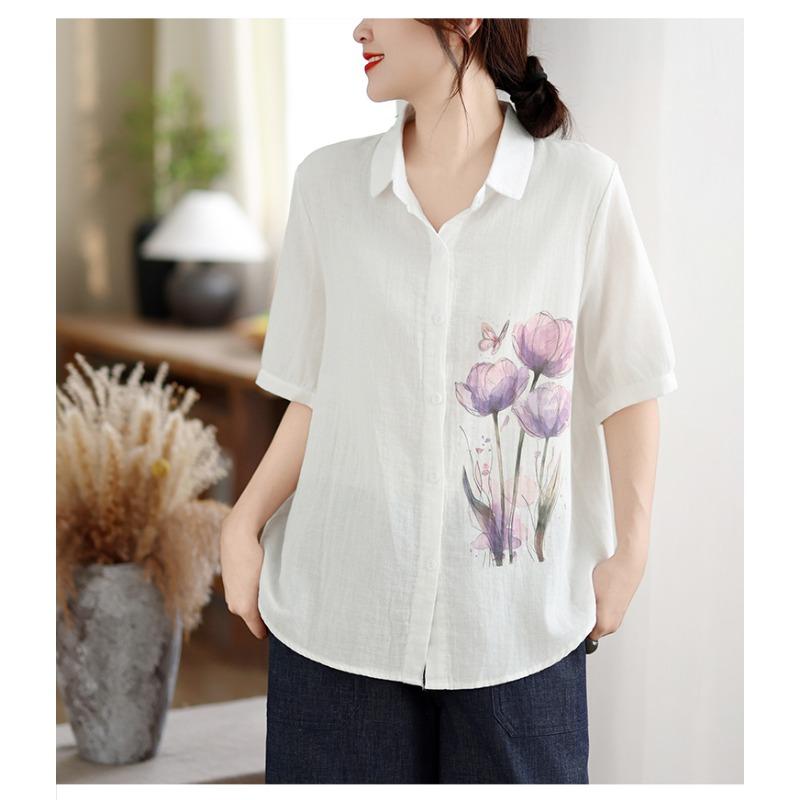 DIMANAF 2026 Women Plus Size New Summer Cotton Blouse Shirt Short Sleeve Print Floral Casual Loose Lady Tops Shirts