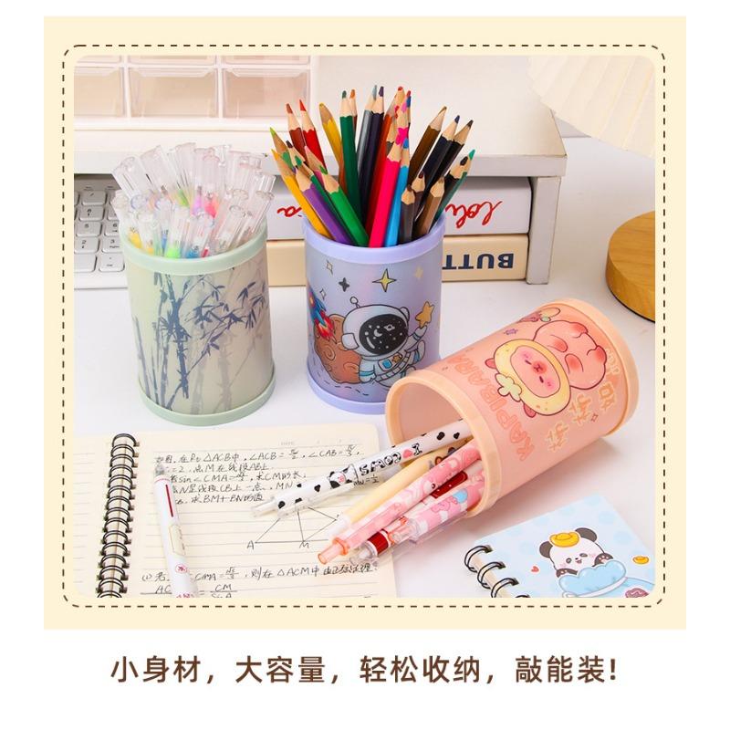 Creative Cartoon Round Foldable Diy Pen Holder Desktop Storage Box Kids Stationery Gift