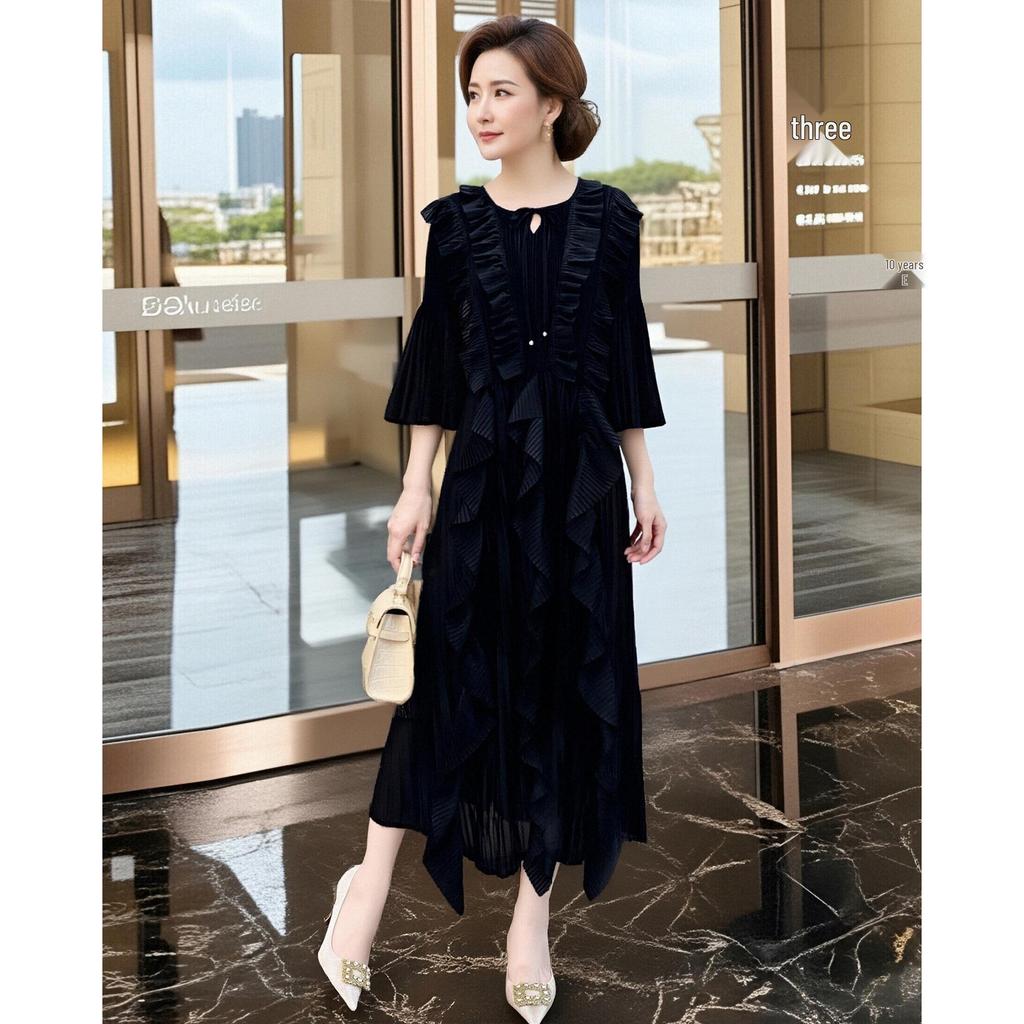 Elegant High-End Pink Pleated Spring Dress, Long Skirt with Irregular Design, Plus Size Women's Fashion.