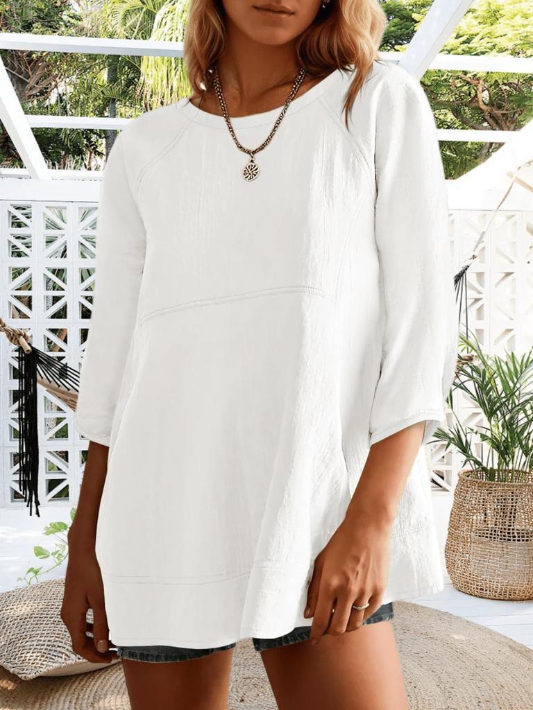 Damska Oversize'owa Bluzka Babydoll z Rękawem 3/4 Zwiewna Peplum Luźna Tunika Top