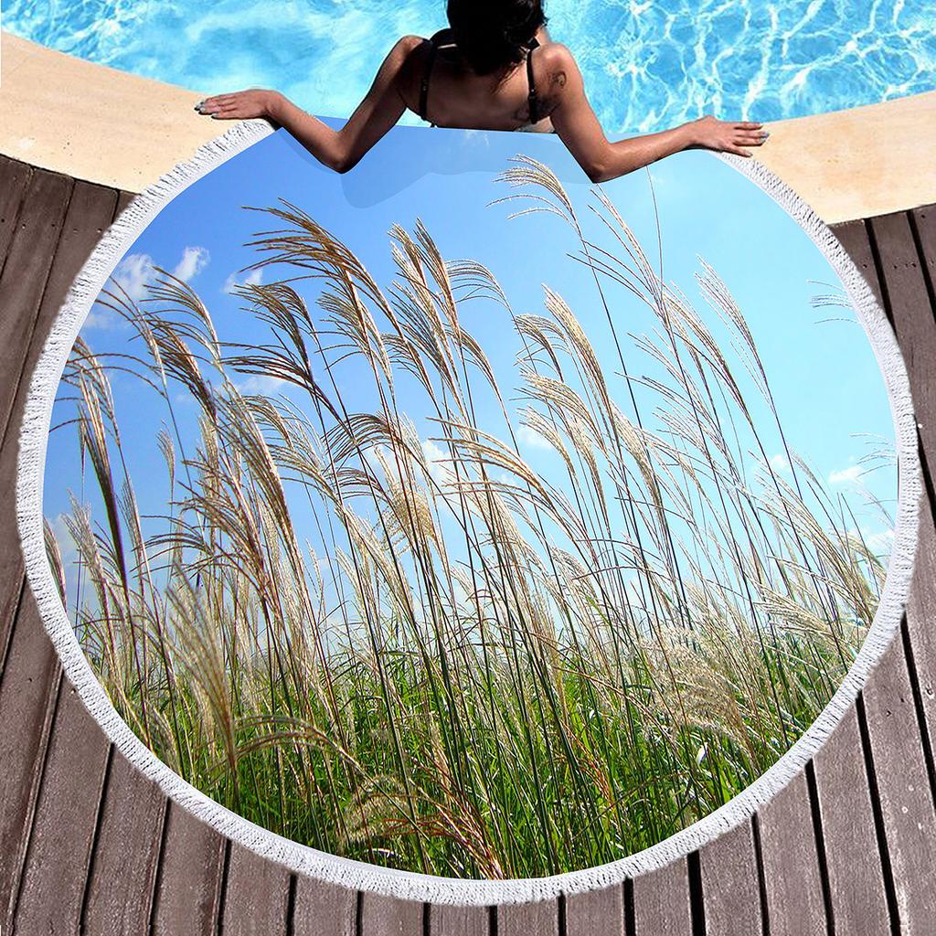 Wild Plant Fluttering Reed Round Beach Towel with Tassels,Polyester Beach Blanket,Soft Absorbent Quick Dry Pool Towel Picnic Mat
