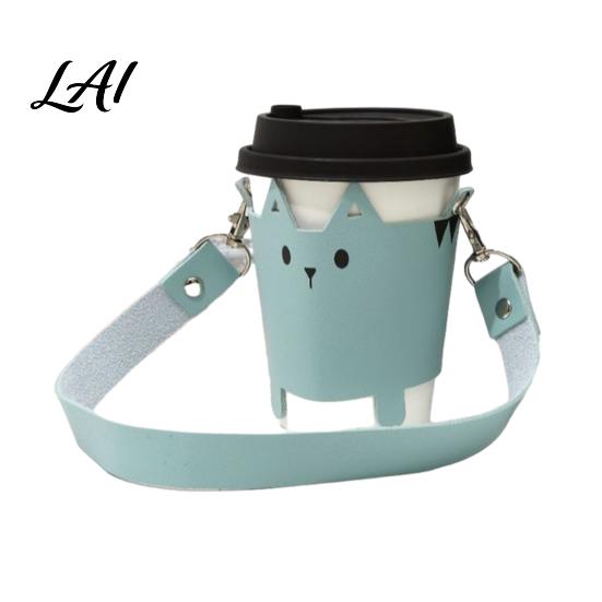 Portable Cup Accessory for Kids Cute Sleeve with Leather Cat PU Lanyard Insulated Reusable Coffee Cover Holder Protective Travel And Outdoor
