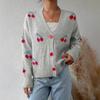 Women S Casual Cherry Pattern Knit Cardigan V Neck Loose Fit Button Detail Sweet Sweater