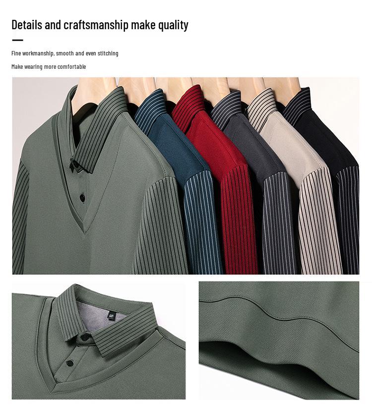 Winter Sale: Men's Fleece-Lined Two-in-One T-Shirt with Shirt Collar – Thick, Warm Base Layer