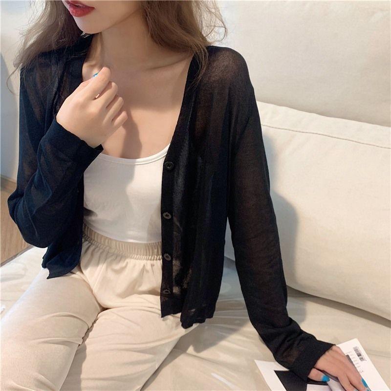 Módní letní pletené sluneční tričko Nové dámské ležérní kardigany s dlouhým rukávem V výstřih Tenký top Jednobarevné Jednoduché Elegantní halenky 3668