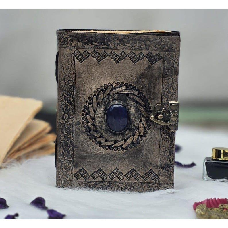 Embossed Leather Diary - Handmade Vintage Leather Journal with Blue Stone - Book of Shadows