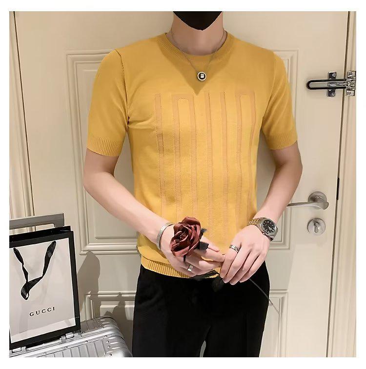 Herren Trendiges Gestreiftes Eis-Seide Slim Fit T-Shirt - Atmungsaktiv, Kurze Halbarme