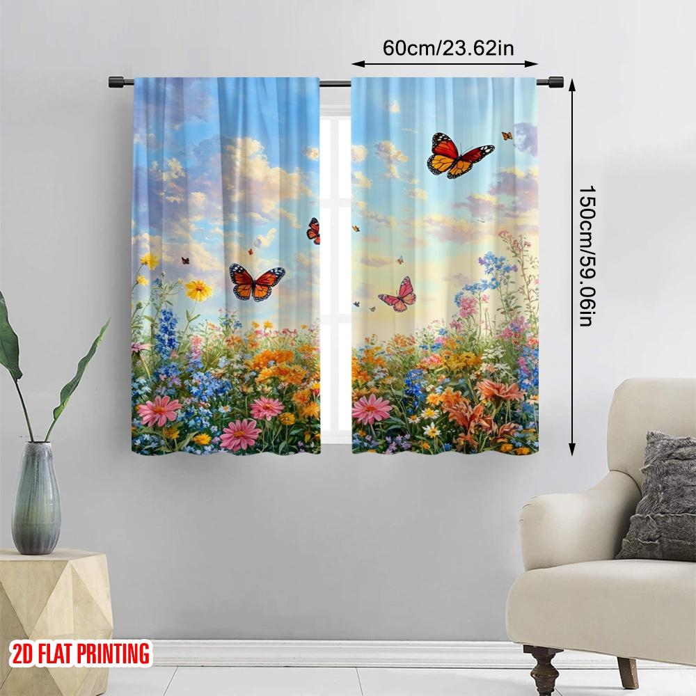 2Pcs,2D Plane Printing Curtains Fluttering Bliss Durable 100% Polyester Fabric (Without Rod) Home Decor Perfect For Bedroom,